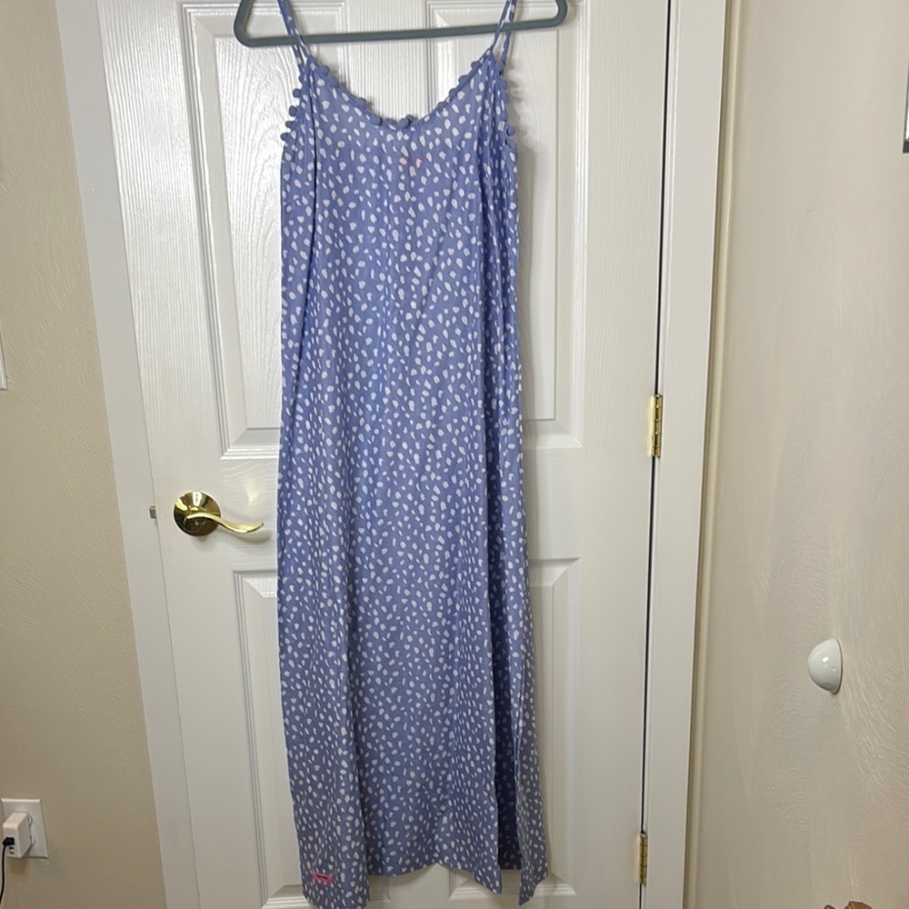 Simply Southern Blue and White Sleeveless Maxi Sundress With Pompoms XL NWOT